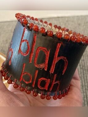 Unique handcrafted black cuff bracelet and the words blah blah hand-etched